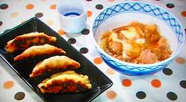 パスタDE親子丼とパスタ餃子